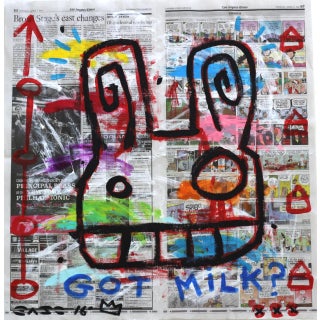 Hungry - Original Pop Art Edgy Street Art Acrylic Painting on Newspaper by Gary John For Sale