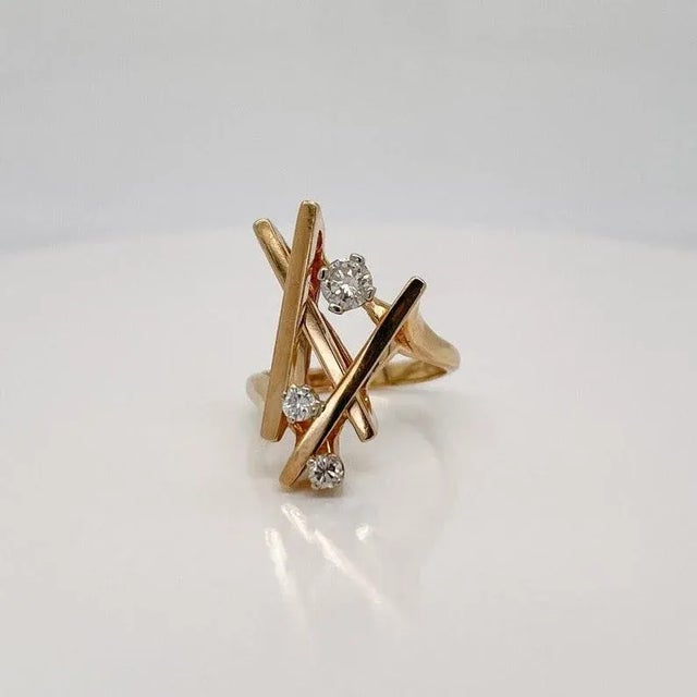 Late 20th Century Vintage Signed Hammerman Bros Modernist 14 Karat Gold & Diamond Cocktail Ring Size 6.25 For Sale - Image 5 of 10