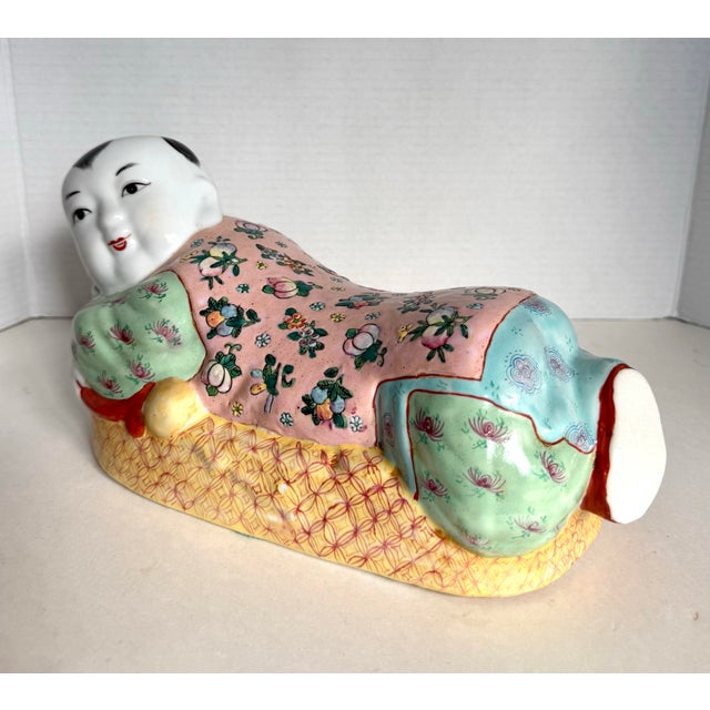 Rose Mid-20th Century Chinese Famille Rose Porcelain Reclining Boy Pillow For Sale - Image 8 of 11