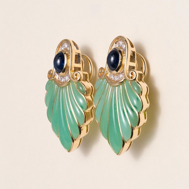 Vintage Chrysoprase, Sapphire & Diamond Leaf Earrings 18K Yellow Gold Circa 1960s A beautifully romantic pair of vintage...