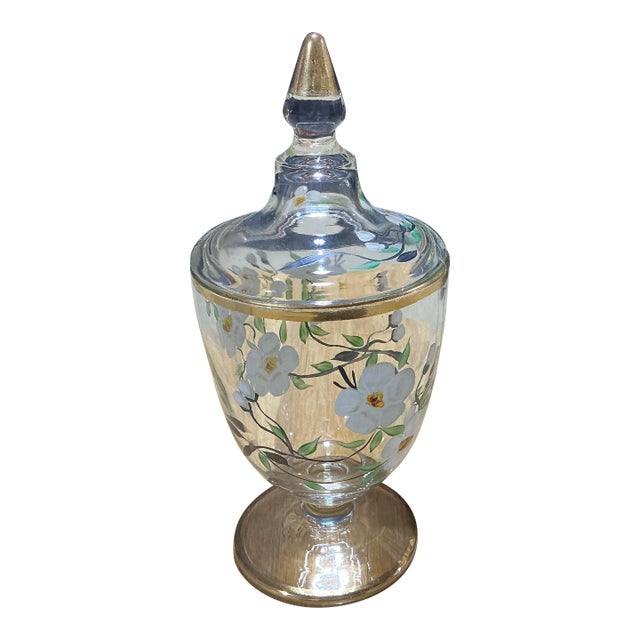 Mid 20th Century Hand-Painted Floral Glass Covered Candy Jar With Gold Trim For Sale