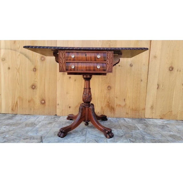 American Antique Empire Carved Flame Mahogany Drop Leaf Sewing Side Table For Sale - Image 3 of 10