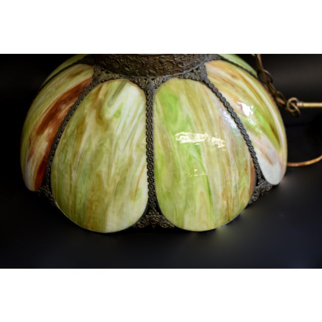 Antique Avocado Ceiling Light Shade With Slag Glass and Bronze Bands For Sale - Image 13 of 18