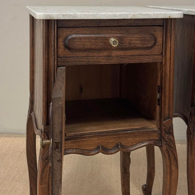 Pair of Antique French Louis XV Oak Nightstands With Carrara Marble For Sale - Image 14 of 18