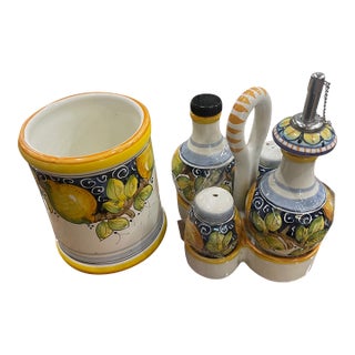 Vintage Handmade Rampini Italy Lemons Ceramic Cruet Set & Wine Cooler - 6 pcs For Sale