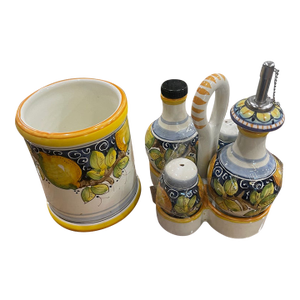 Vintage Handmade Rampini Italy Lemons Ceramic Cruet Set & Wine Cooler - 6 pcs