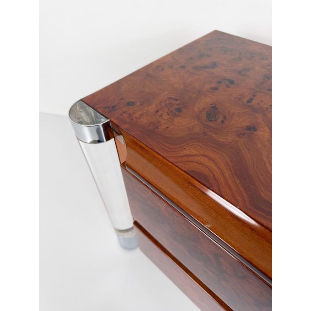 Mid-Century Burl Wood, Chrome and Acrylic Glass Nightstands, 1970s, Set of 2 For Sale - Image 14 of 18