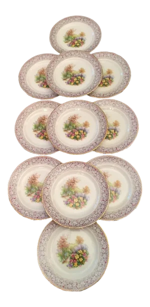 C. 1947 H&m Sutherland England Woodland Dell Bone China Salad Plates- Set of 11