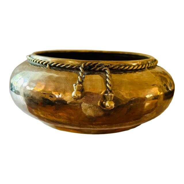 1980s Large Solid Brass Hammered Trompe I’Oeoil Ribbon Tassel Cachepot, 11" Across For Sale