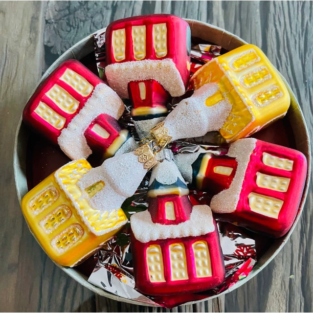 6 pcs set of Handpainted silvered glass Christmas Ornaments . 3,5” Church figurines in vine red and yellow with glitter....