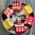 6 pcs set of Handpainted silvered glass Christmas Ornaments . 3,5” Church figurines in vine red and yellow with glitter....