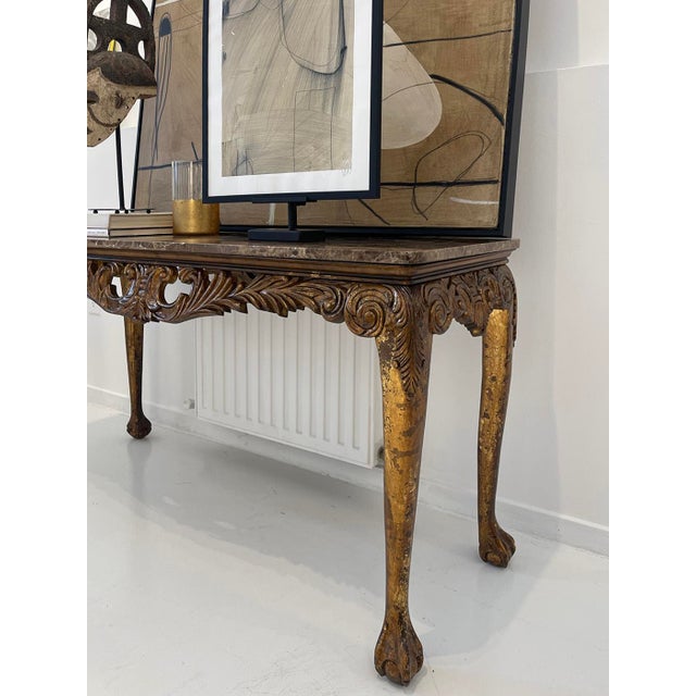 1990s Italian Style Giltwood Console Table With Marble Top, Carved Apron and Cabriole Legs For Sale - Image 4 of 7