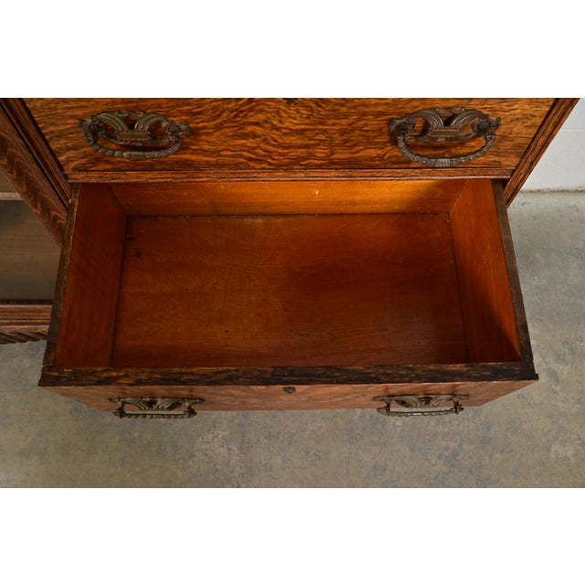 Brown Antique Victorian Carved Tiger Oak Side-by-Side Bookcase With Drop Front Secretary Desk, Circa 1900 For Sale - Image 8 of 16
