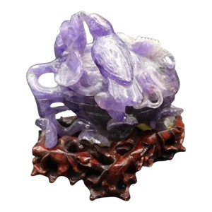 Vintage Chinese Amethyst Quartz Magpie on a Gourd Stone Carving Figure