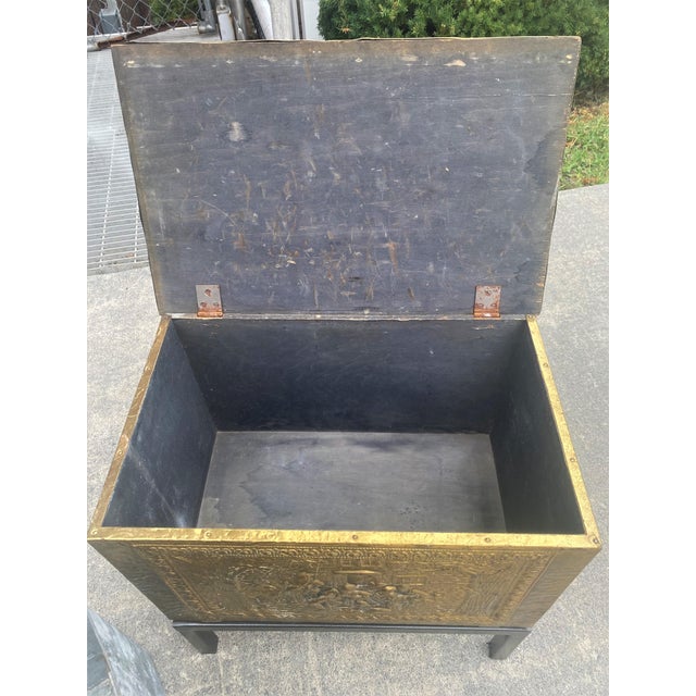 Mid 20th C Pressed Raised Brass Pub/Tavern Scene Firewood Kindling Storage Box on Stand For Sale - Image 6 of 17