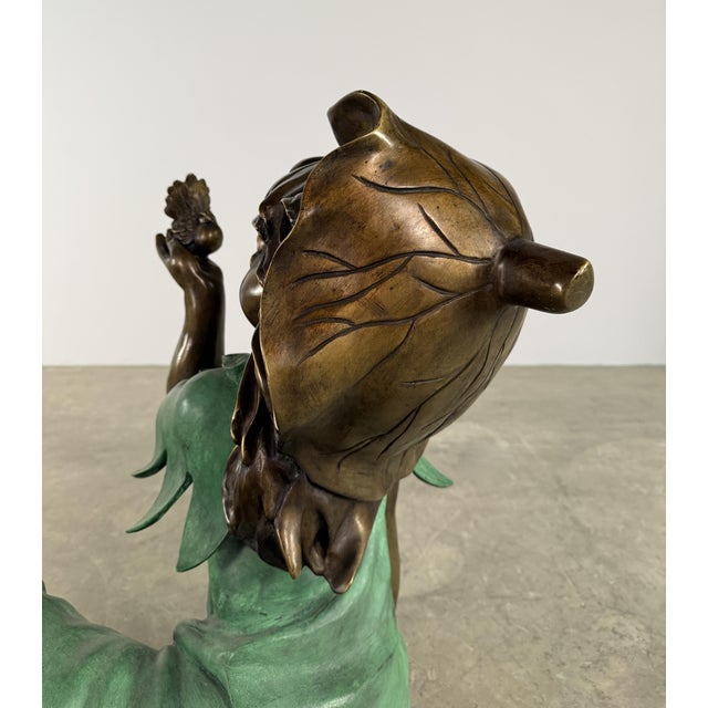 Bronze Garden Girl With Bird Sculpture – Verdigris Dress, 25” H Outdoor Statue For Sale - Image 4 of 9