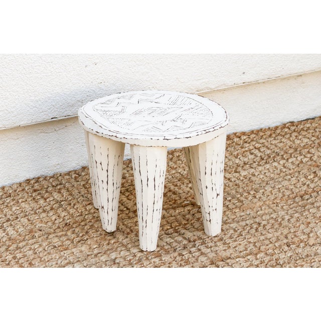 Stonewashed White Wooden Nupe Stool For Sale - Image 4 of 7