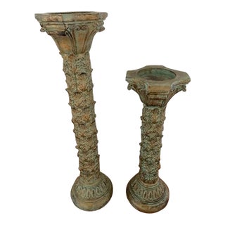 Tall Vintage Late 20th Century Verdigris Look Pillar Candle Holders - a Pair For Sale