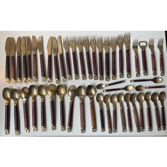 Brown Modern Danish Brass and Teak Cutlery Dinner Set for 12 from Carl Cohr, 1960s, Set of 56 For Sale - Image 8 of 9