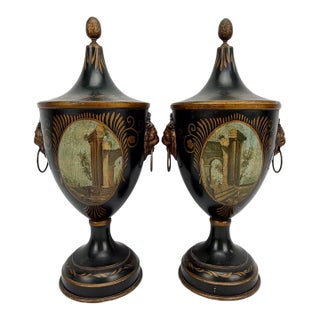 Pair of Vintage Neoclassical Painted Toleware Lidded Urns With Lion Mask Handles For Sale