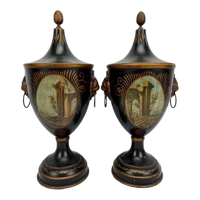 Pair of Vintage Neoclassical Painted Toleware Lidded Urns With Lion Mask Handles For Sale