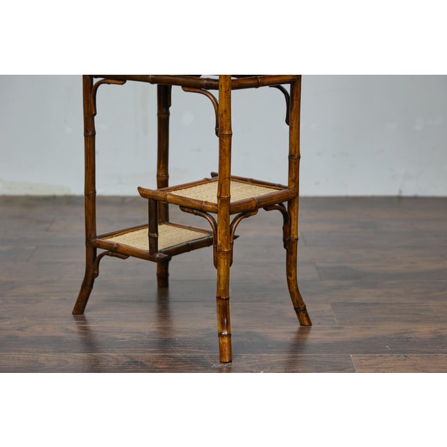 English 1920s Bamboo and Woven Rattan Side Table with Sectioned Shelves For Sale - Image 10 of 12