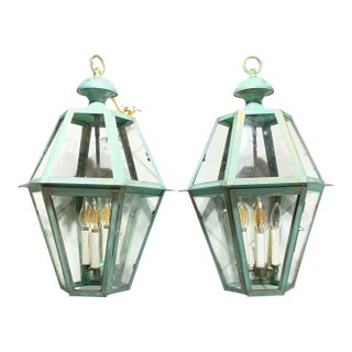 Exquisite Pair of Vintage Solid Brass Hexagonal Hanging Lanterns - 24” X 16” For Sale