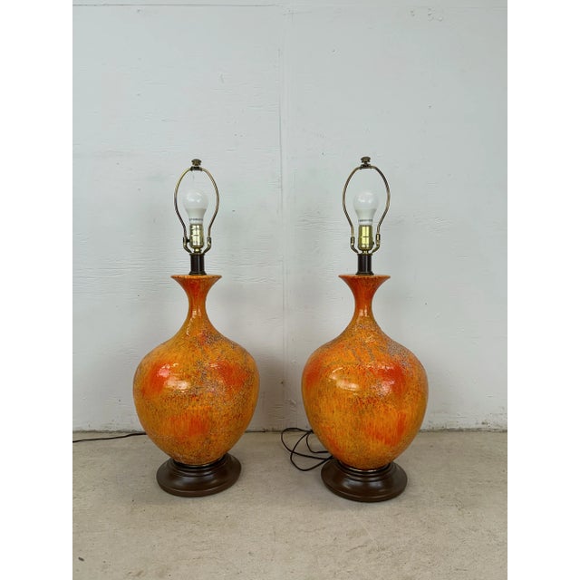 Pair of Mid a Century Modern Orange Table Lamps With Lava Glaze For Sale - Image 4 of 12