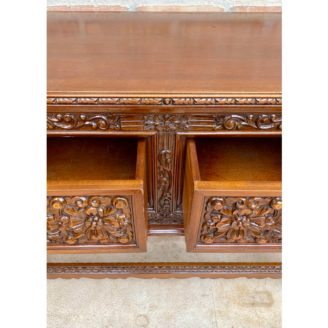 Spanish Carved Wood Sideboard With Floral Decoration, Mid-20th Century For Sale - Image 10 of 18
