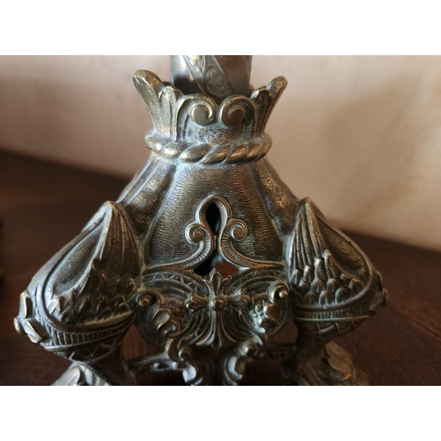 Large Antique Napoleon III Gothic Brass Church Candleholders, France, Set of 2 For Sale - Image 9 of 14