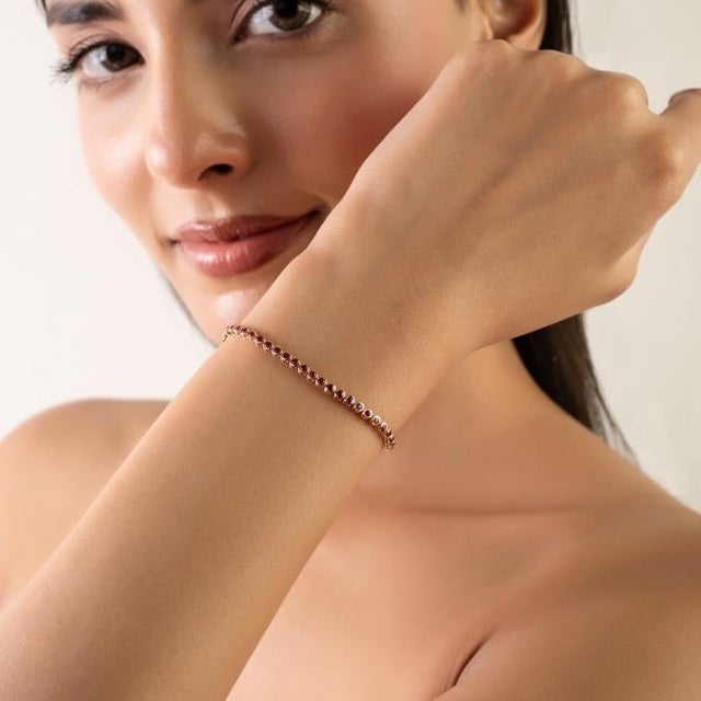 Ruby Red Antique Edwardian Ruby Rivière Bracelet in 14k Yellow Gold- 7 Inches For Sale - Image 8 of 14