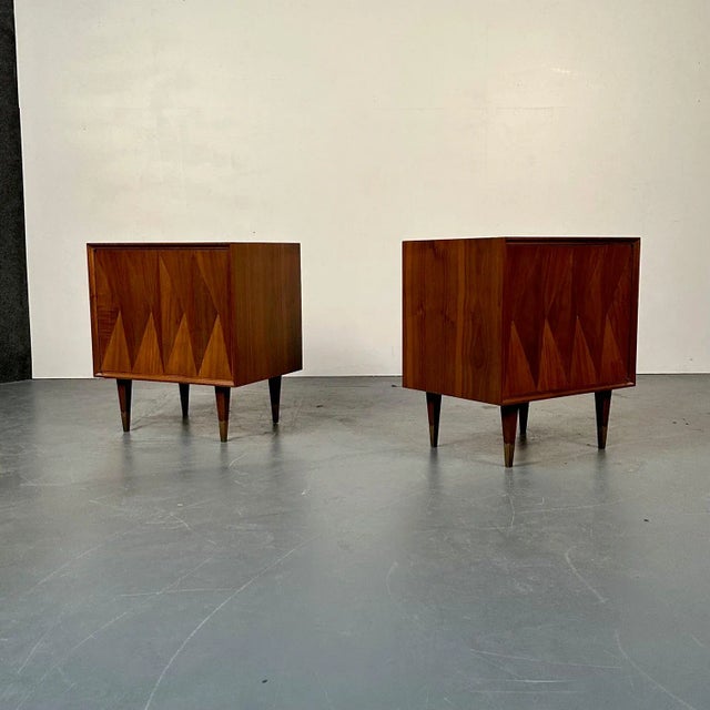 Mid-Century Modern Pair of Danish Mid-Century Modern Style Geometric Nightstands, Walnut, Brass For Sale - Image 3 of 13