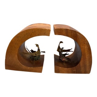 1960s Walnut Book Ends With Metal Bird Sculptures - a Pair For Sale