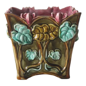1900s French Onnaing G77 Art Nouveau Flower Vines Details Jardinière Cache Pot Planter