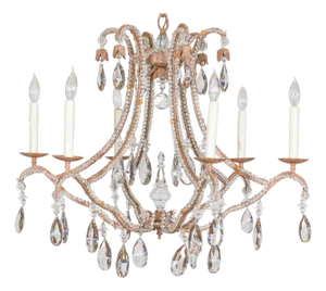 Six-Light Crystal Chandelier with Scrolling Patinated Iron Arms, USA Wired