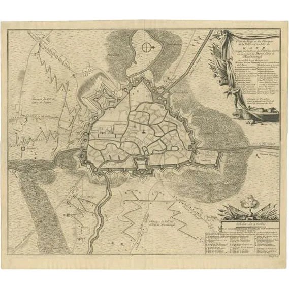 Antique Map of the Siege of Gent by Dumont, 1729 For Sale