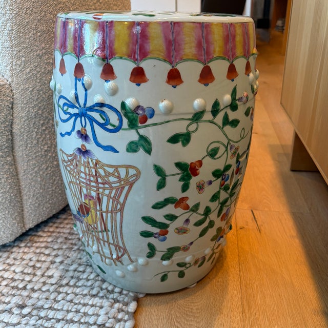 Altfield Hong Kong Hand-Painted Chinoiserie Ceramic Garden Stool With Birdcage Motif For Sale - Image 10 of 12