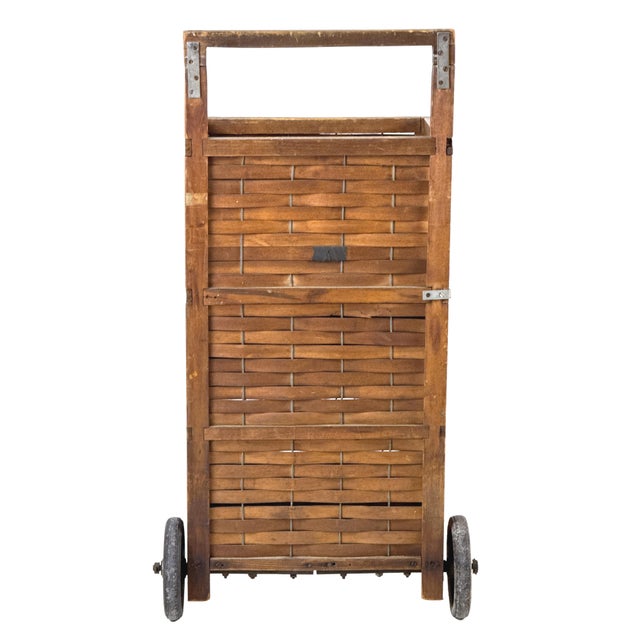 Antique 1910s Woven Splint Wood Rolling Cart Utility Basket / Wheeled Shopping Trolley For Sale In Philadelphia - Image 6 of 18