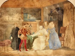 Giovanni Servi, Interior Scene with Pope in the Act of Investiture, 1800s, Watercolor on Paper