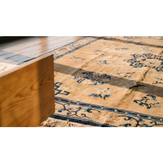 1900s Beige Medallion Floral Antique Chinese Ningxia Carpet 8' X 9'6" Knotted Wool Rug For Sale - Image 15 of 17