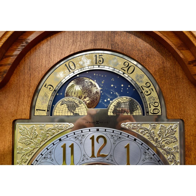 Howard Miller Oak Grandfather Clock Moon Dial Triple Chime Floor Tall Case For Sale - Image 10 of 17