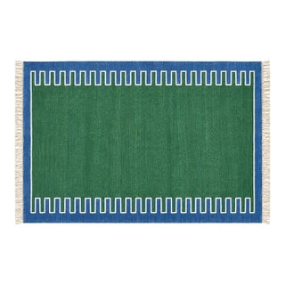 Handmade Cotton Vegetable Dyed Rug, Forest Green, White and Blue Zig Zag Striped Dhurrie-10'x14' For Sale