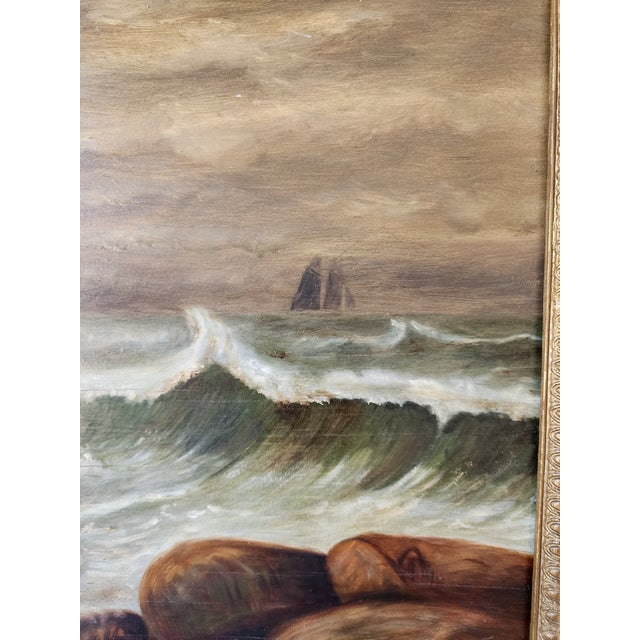 19th Century Dramatic Seascape Painting in Antique Arts & Crafts Pyrography Frame For Sale In New York - Image 6 of 18