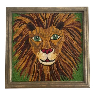 1970s Vintage Lion Textile Art, Framed For Sale
