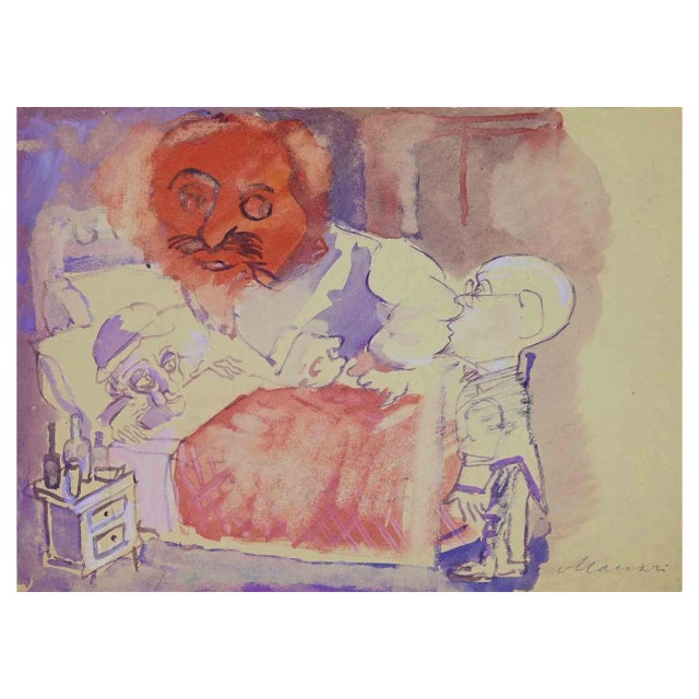 Mino Maccari, Consultation, Original Watercolor, Mid-20th Century For Sale