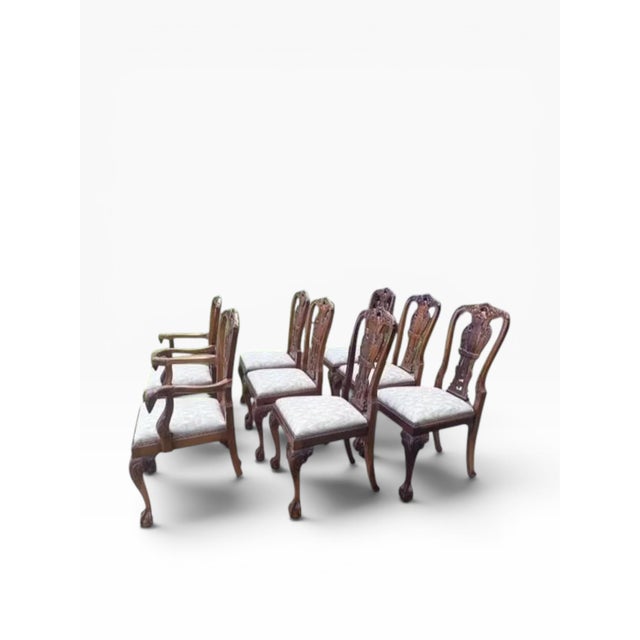 Brown Set of 8 Hand-Carved Phoenix Back Chippendale Dining Chairs — Mahogany, Ball & Claw — Mid Century Revival For Sale - Image 8 of 18