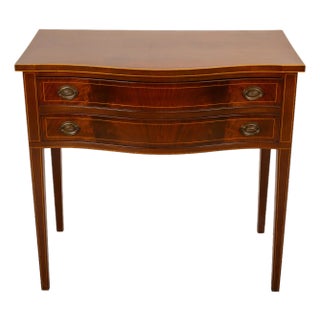 Mid 20th Century Bow Front Flamed Front Mahogany Two Drawer Console Table For Sale