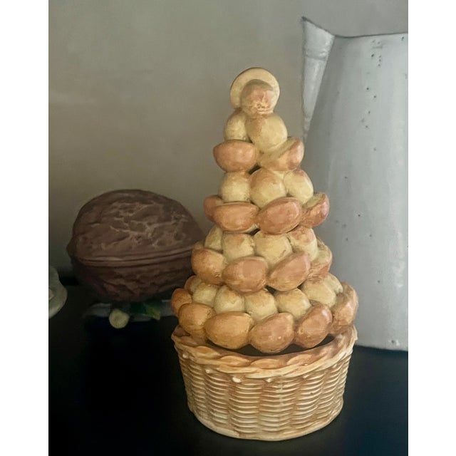 Vintage Italian Croquembouche, a French dessert of pastry puffs piled on a cone. This version is ceramic and 8 inches tall.