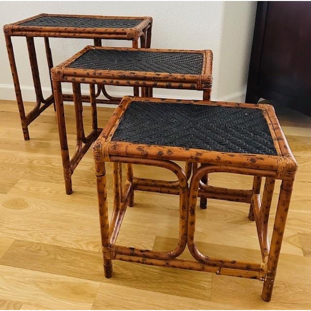 1950s Vintage 1950s Burnt Bamboo and Rattan Nesting Tables - Set of Three For Sale - Image 5 of 8