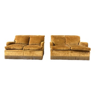 Pair of Italian Velvet Loveseats Fringe Sofa For Sale